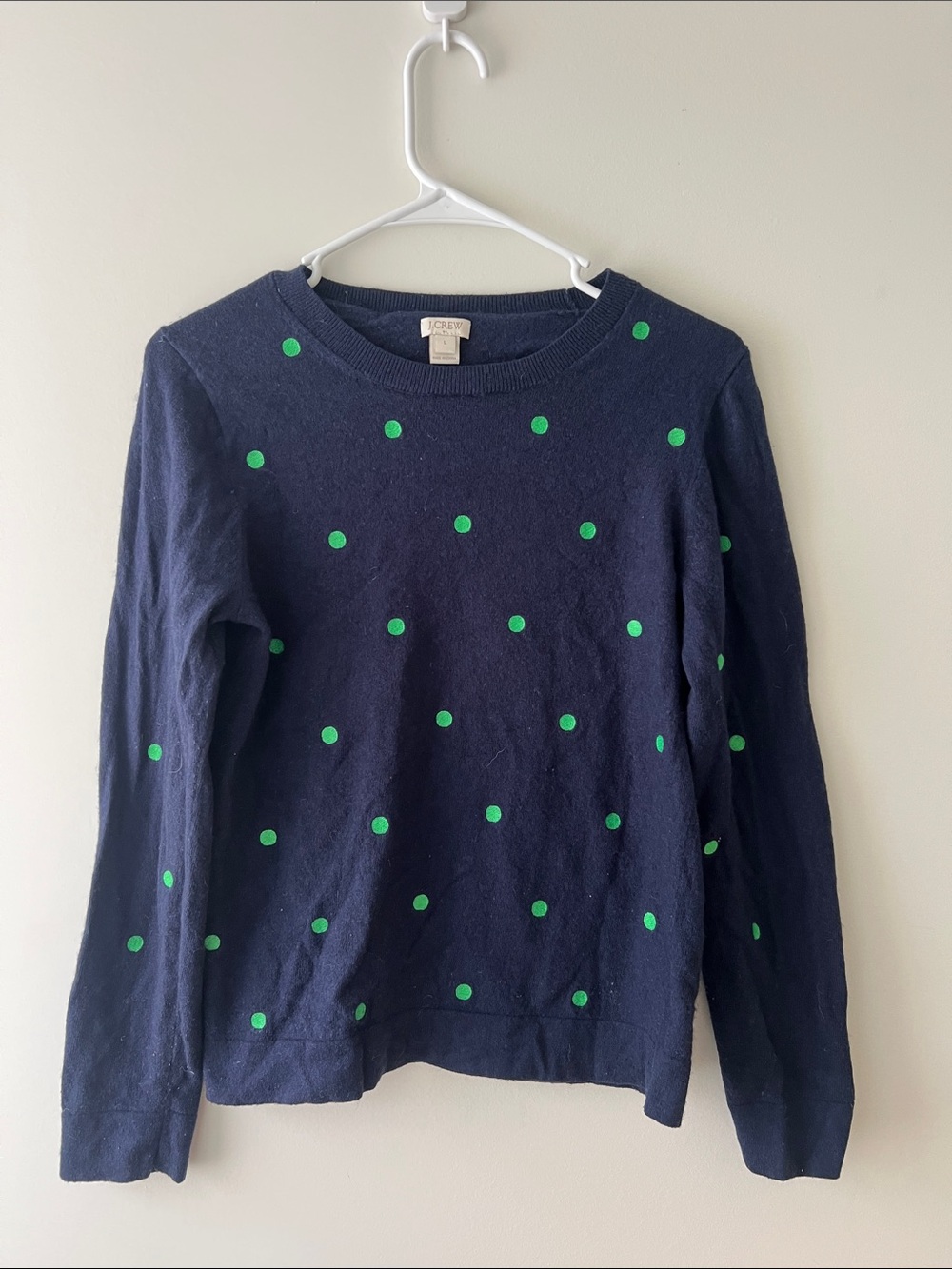J. Crew Navy Crewneck Sweater with Green Polka Dots